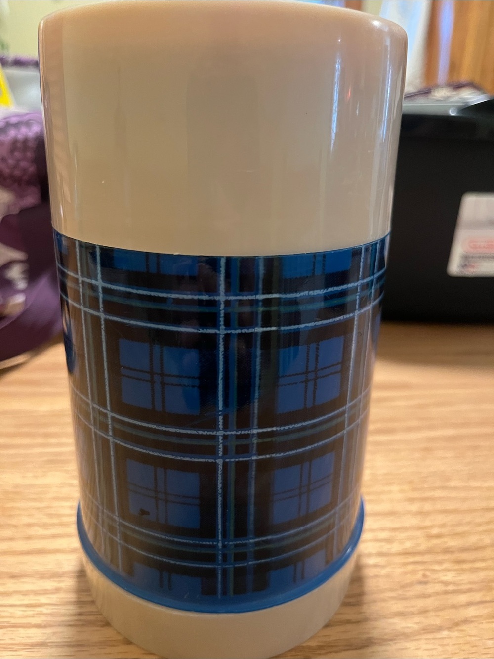 Vintage Aladdin Thermos Bottle PINT Wide Mouth Blue Plaid Made n USA Retro 7.25"
